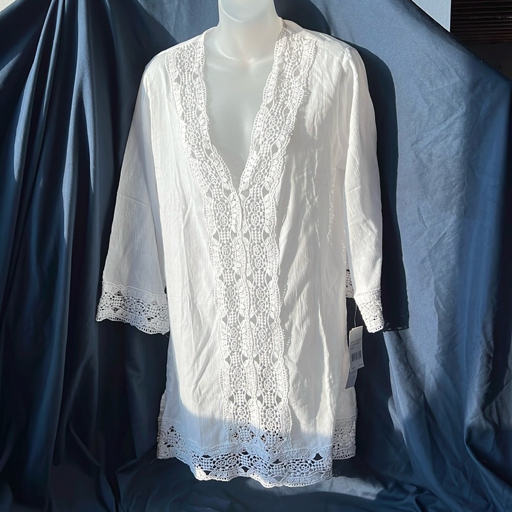 LaBlanca Island Fare V-Neck Crochet Tunic Cover Up Boho Resort Swim S NWT